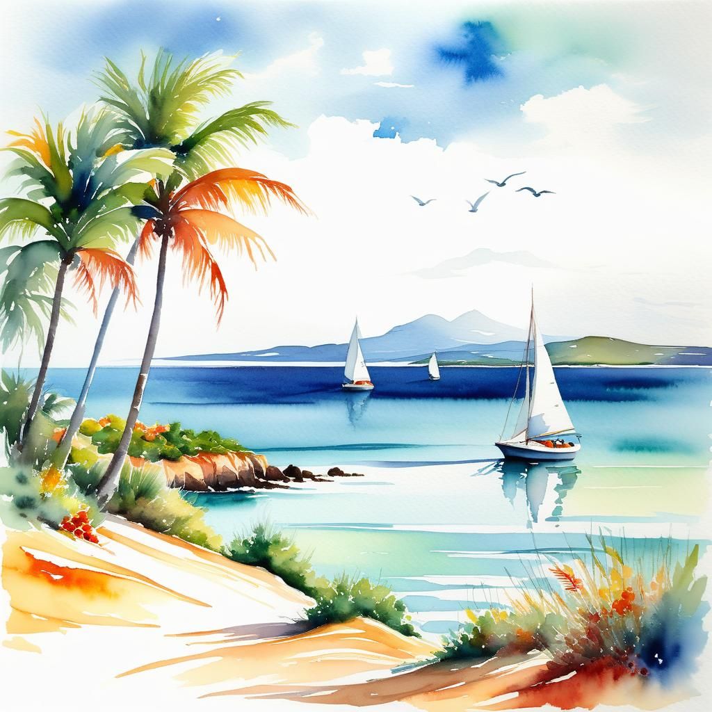 Caribbean Landscape with Fisherboats in Watercolor