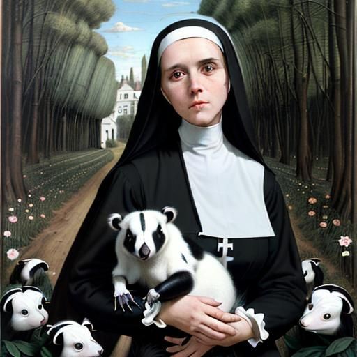 Nun Holding Skunk: Surreal, High-Quality Photography