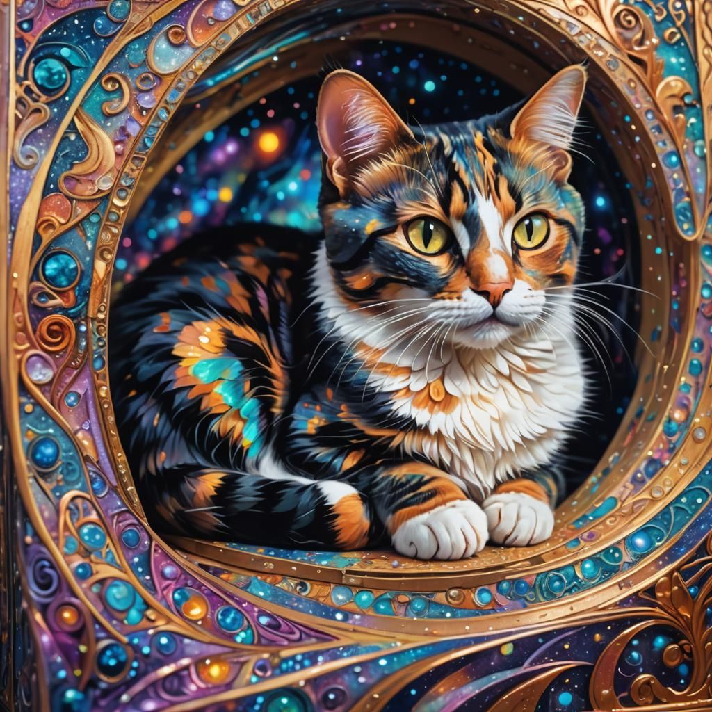 Calico Cat in a Box: Cosmic Surrealism Art