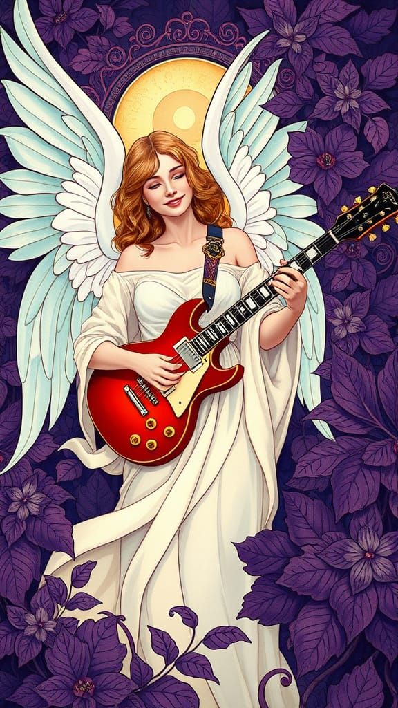 Smiling Angel Plays Guitar in Art Nouveau Style