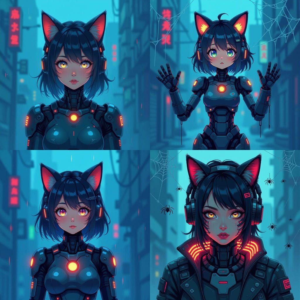 Cyberpunk Android Girl with Cat Ears in Pixel Art