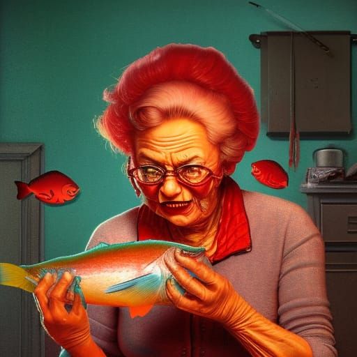 Surreal Horror: Old Lady Gutting Fish in Teal and Red