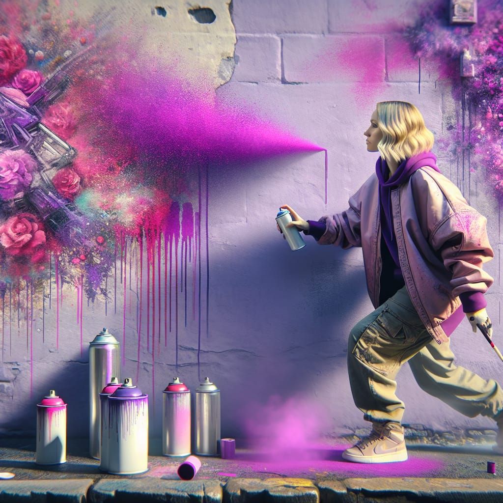 Woman Spray Painting Graffiti in Hyperrealistic Style