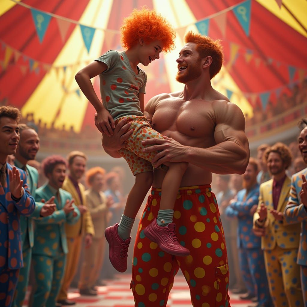Bodybuilder Clown Lifts Youth in Colorful Circus Tent
