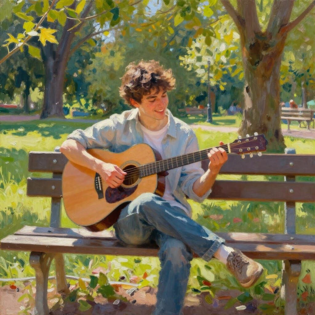 Man Plays Guitar on Sunny Park Bench in Impressionistic Styl...