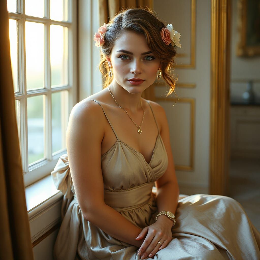 Elegant Woman in Silk Gown, Art Nouveau Style