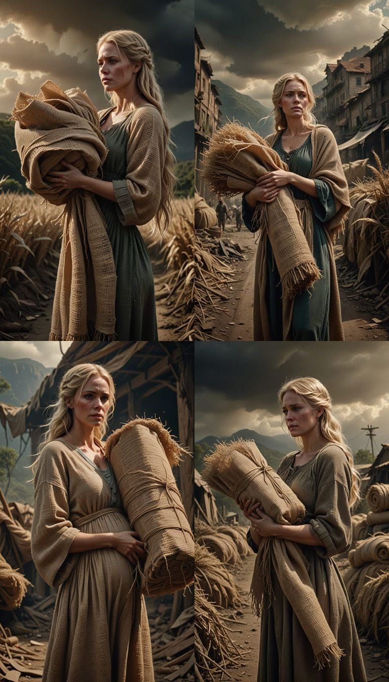 Young Blonde Woman Holding Burlap Bundle in Dramatic Digital...