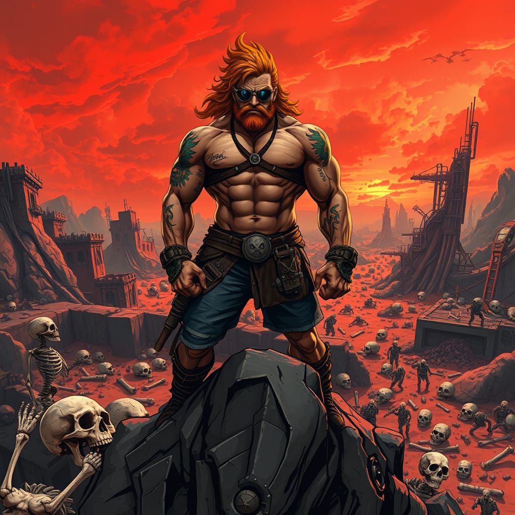 Barbarian Overlooking Dystopian Wasteland in Comic Book Styl...