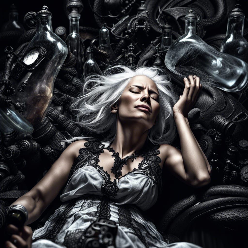 Crying Woman with Broken Bottle in Dark Fantasy Style