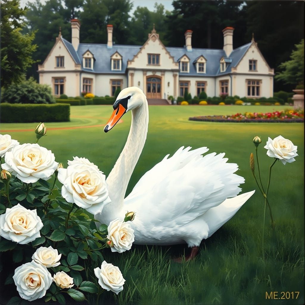 Elegant Swan Amidst White Roses in Victorian Grandeur