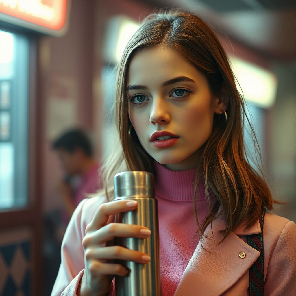 Hyperrealistic Preppy Girl with Thermos in Atmospheric Setti...