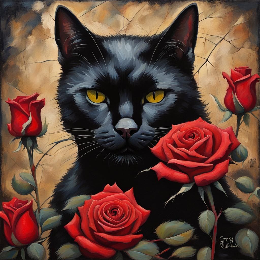Sinister Bombay Cat with Roses, Rustic Painting