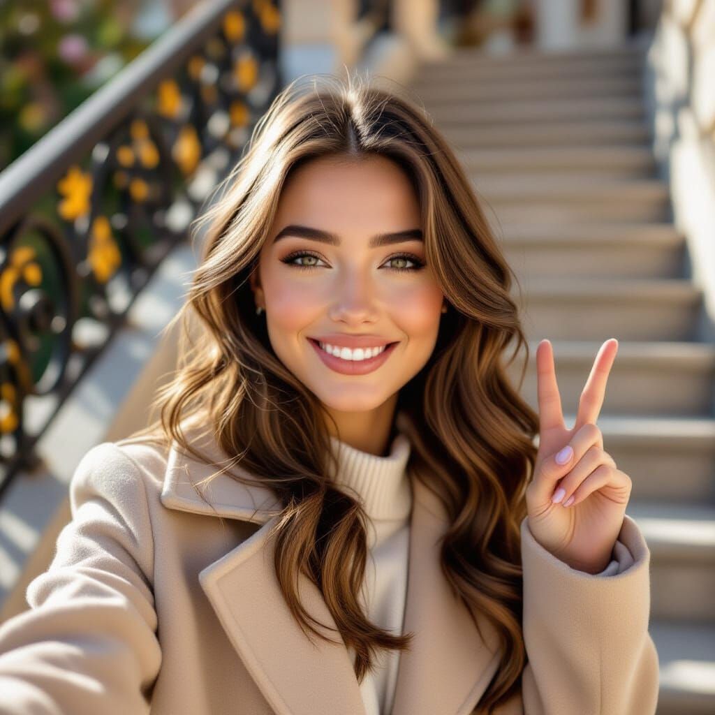 Young Woman's Outdoor Selfie with Peace Sign