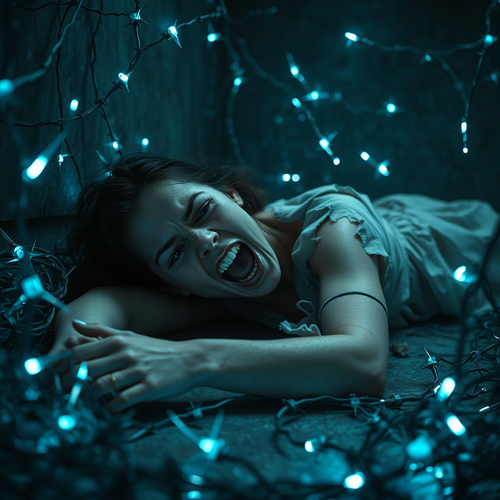 Terrified Woman Trapped in Razor Wire, Dystopian Art