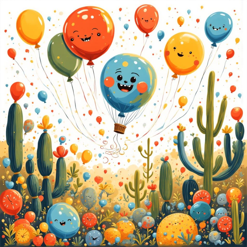 Cute Smiling Balloons in Vibrant Cactus Desert