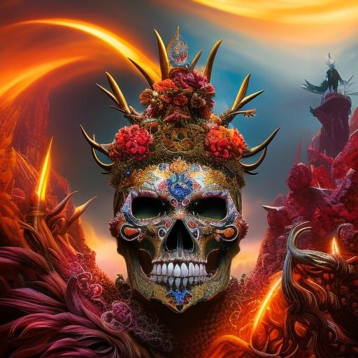 Branchpunk Skull with Crown, Surrealist Style