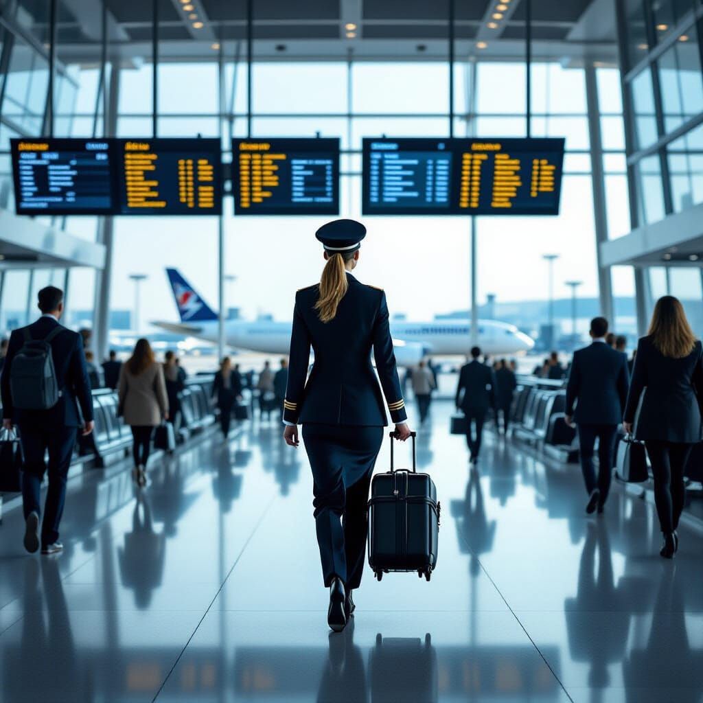 Confident Pilot Walks Through Busy Airport Terminal