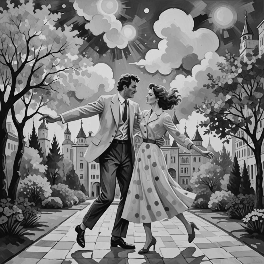 Joyful Defiance in Soviet Park - Vibrant Stilyaga Couple