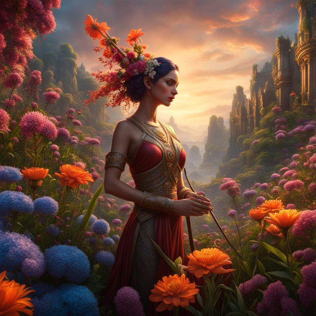 Goddess Tending Flower in Wildflower Field
