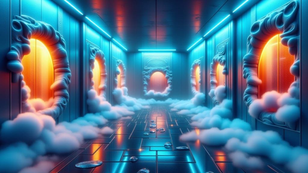 Surreal Mirror Room With Intense Light Sculpture