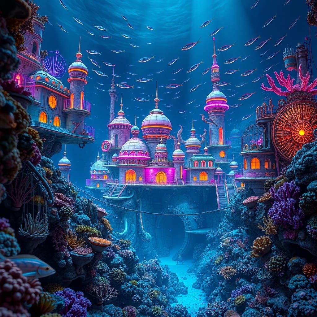 Reef-Punk Underwater Cityscape with Bioluminescent Accents