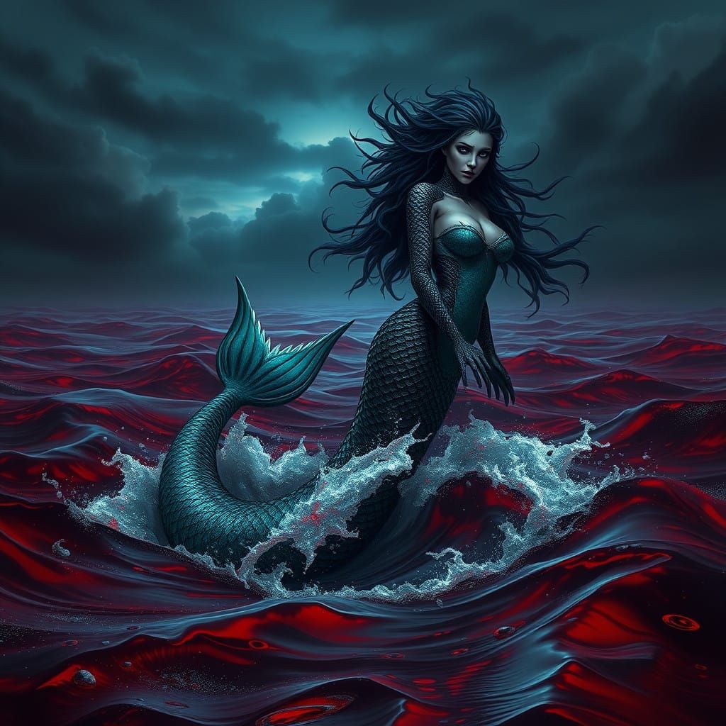 Dark Mermaid Rises from Crimson Sea in Gothic Fantasy Style