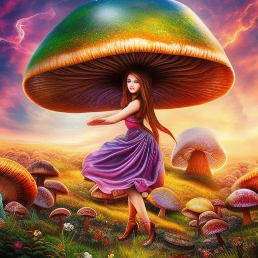 Mushroom Girl on Giant Mushroom in Fantasy Style