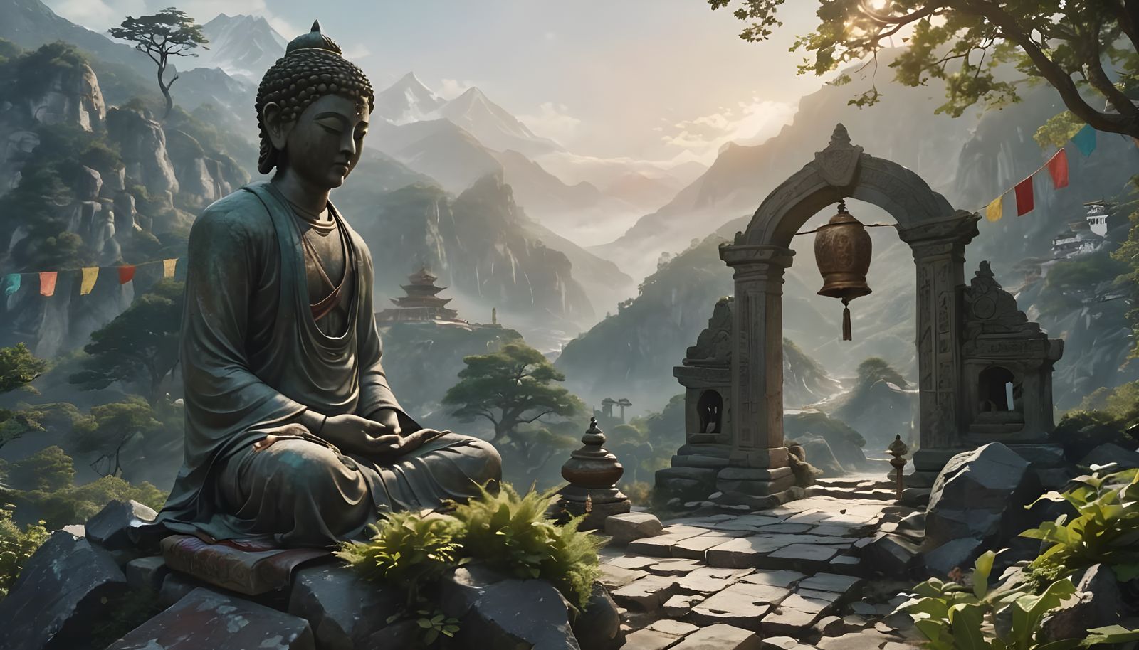 Detailed Stone Arch and Prayer Flags in Fantasy Style