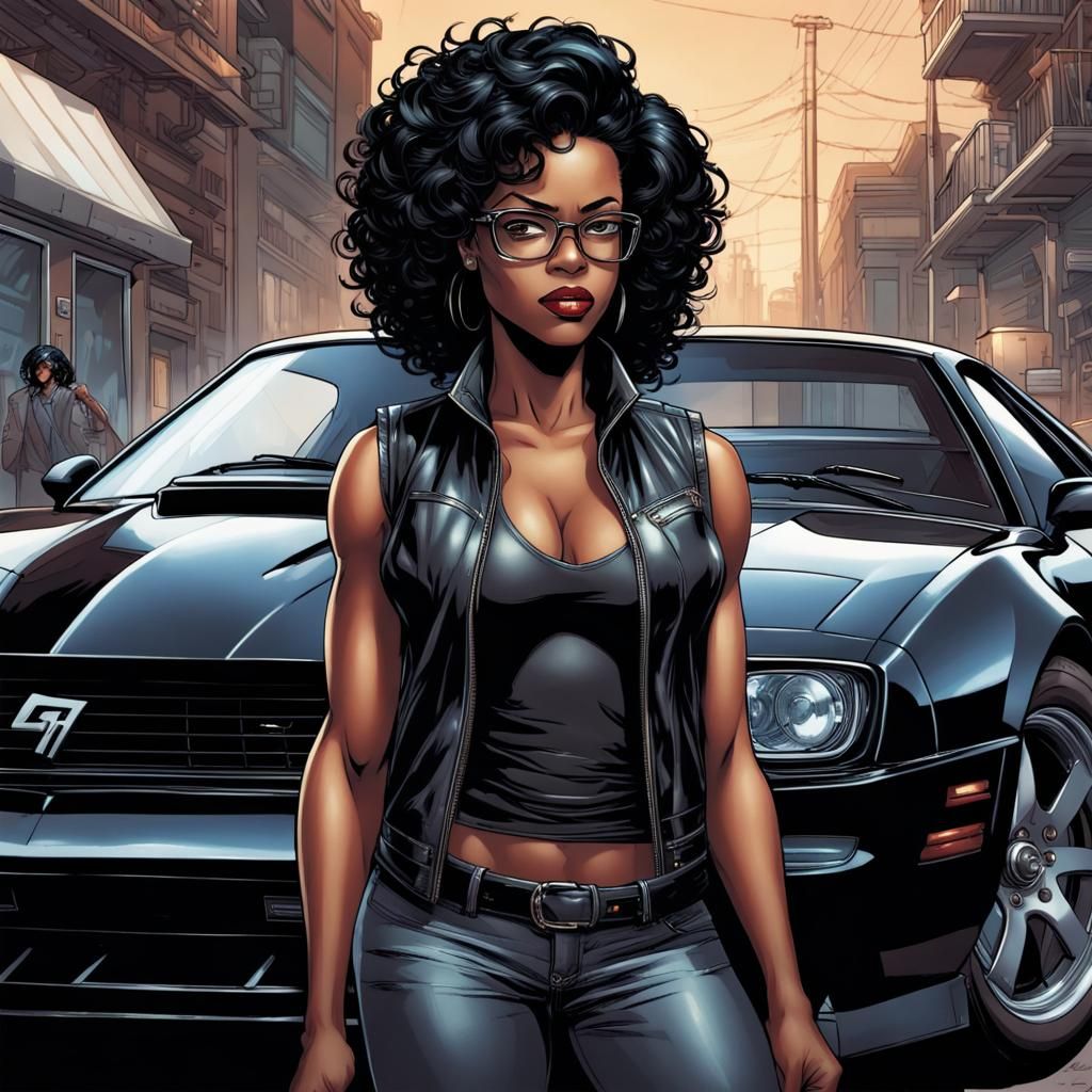 detailed black woman standing in front of a black sport car, black leather, black vest, black glasses, black hair, prett...