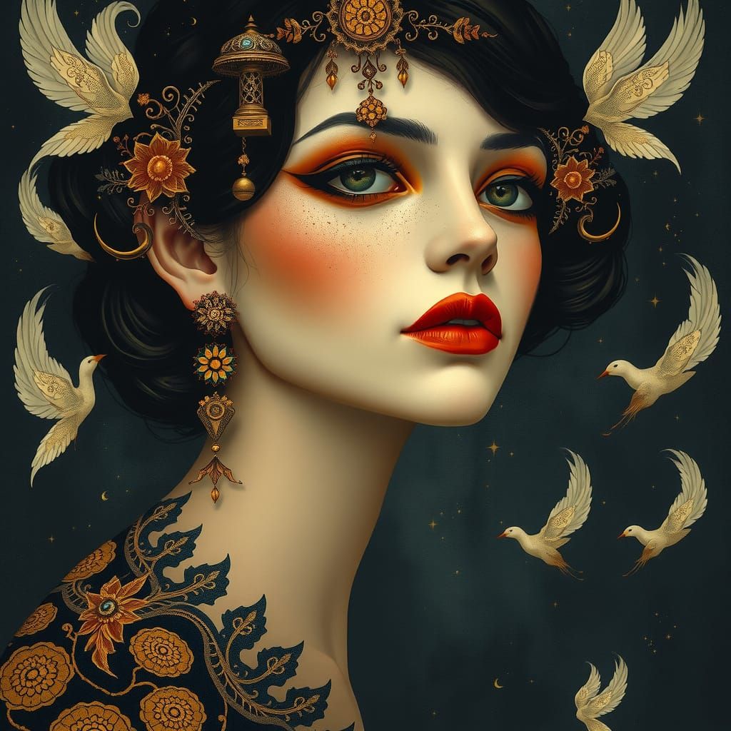 Ethereal Woman in Opulent Art Nouveau Style with Whimsical D...