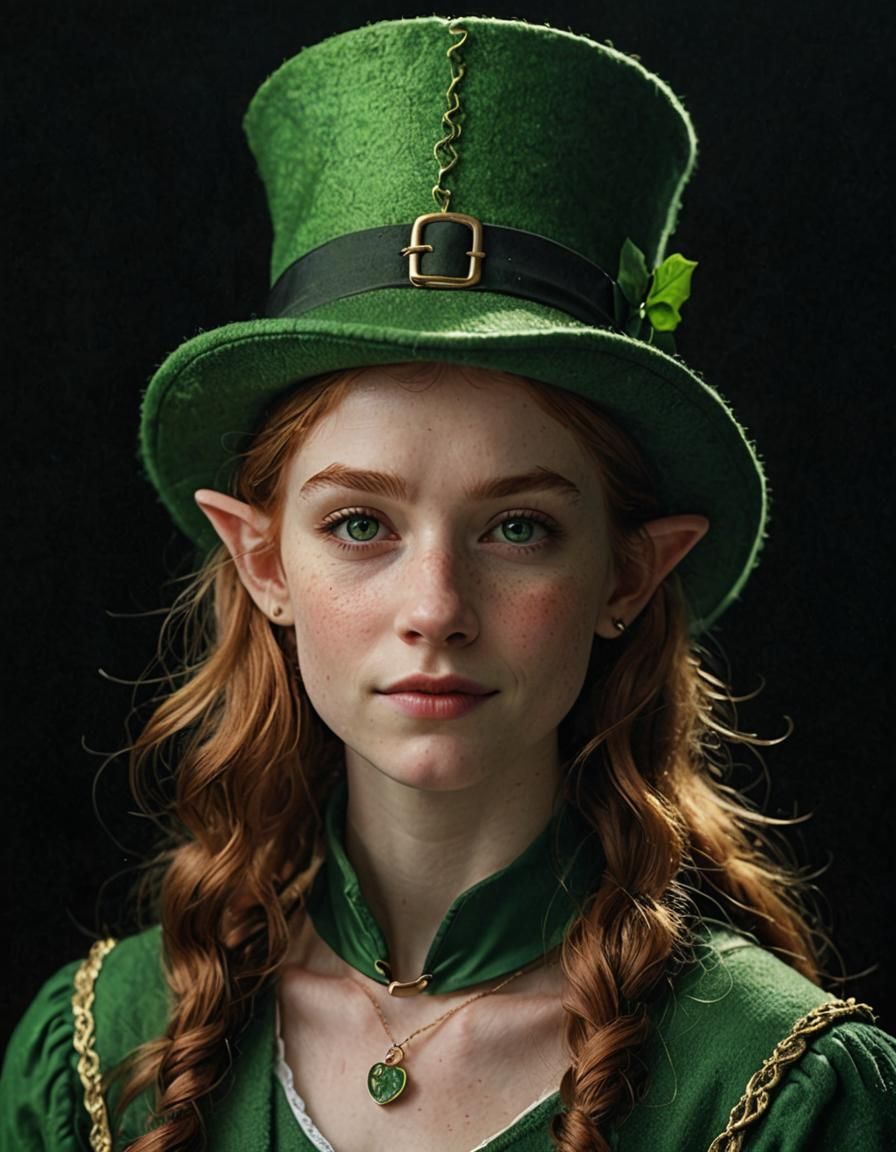 A young female leprechaun, prominent green colors