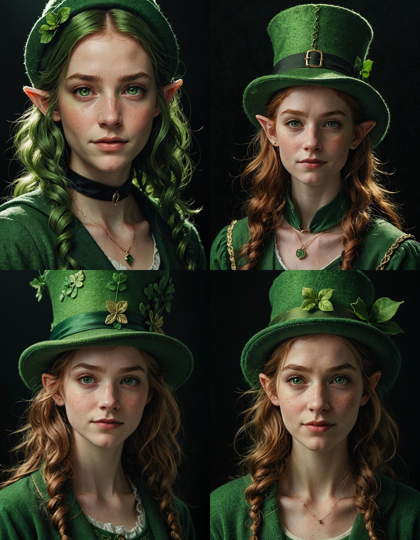 A young female leprechaun, prominent green colors