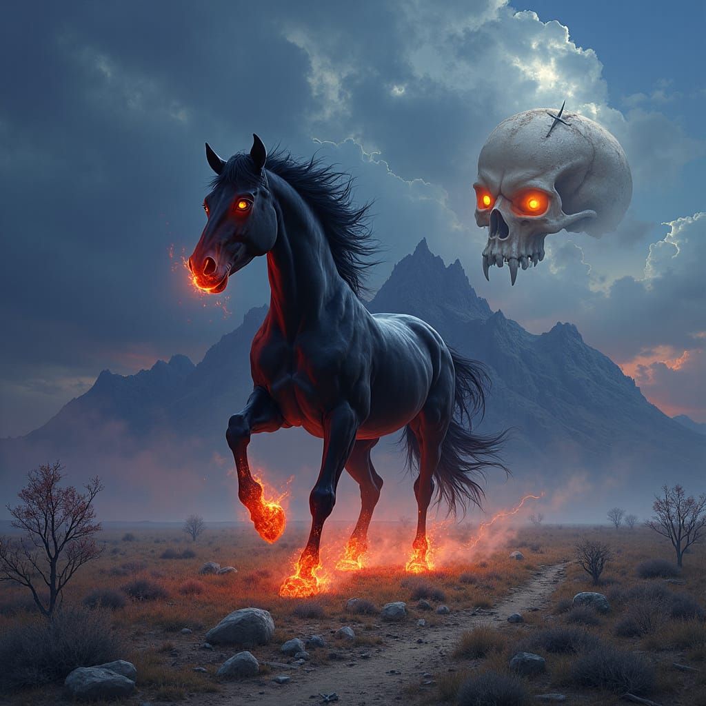 Fiery Black Stallion Gallops Through Desolate Bone Field