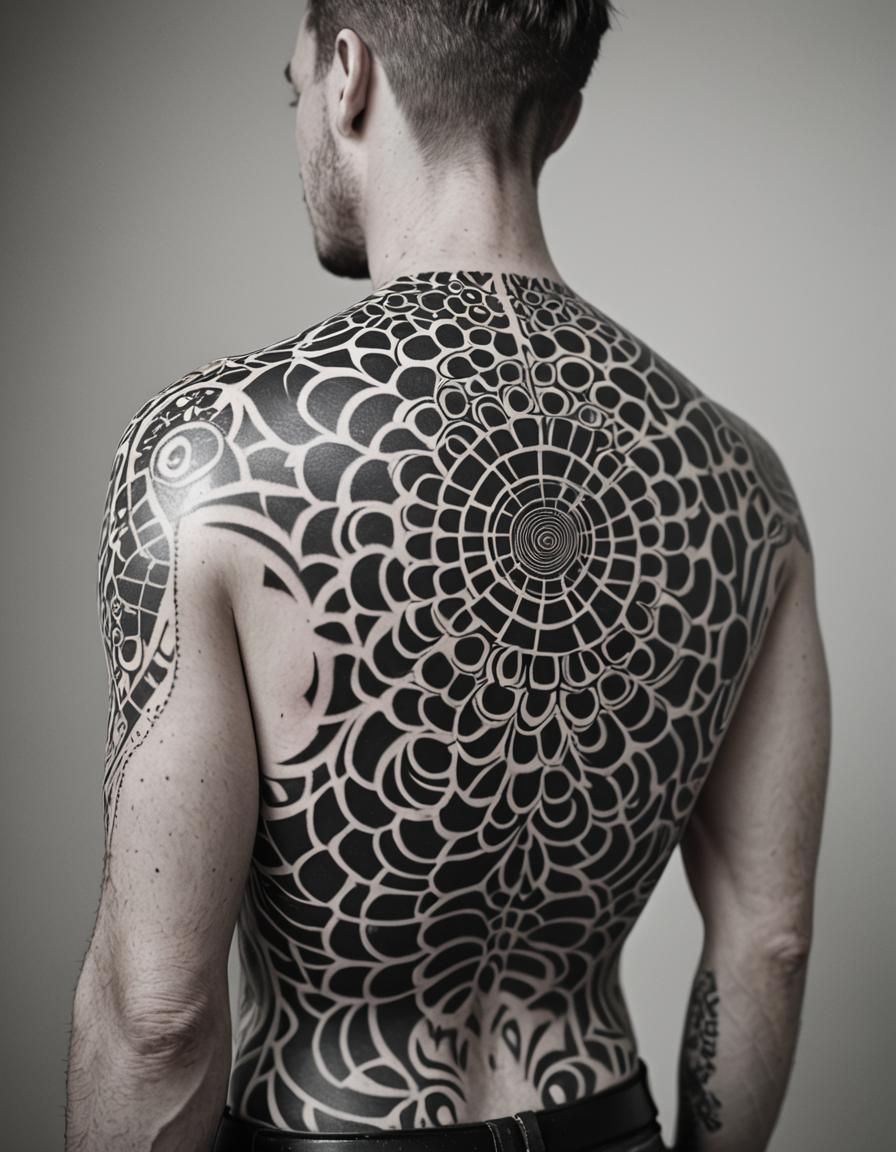 Psychedelic Op Art Tattoo on Man's Back