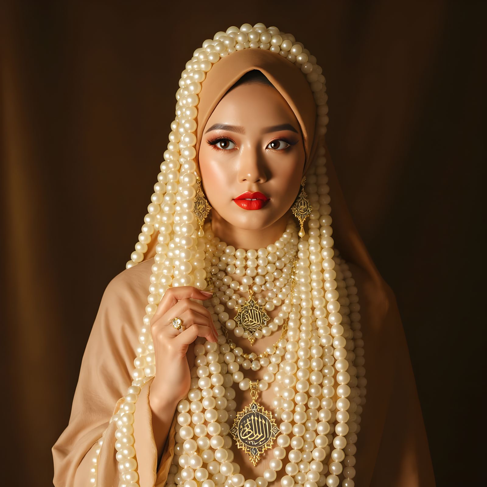 Asian Woman in Pearl Adornments with Arabic Jewelry