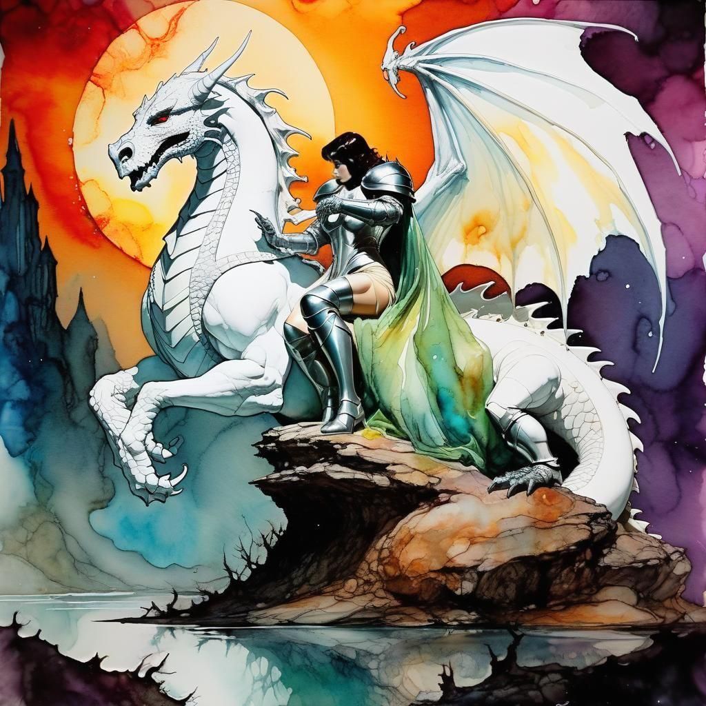 Otherworldly Alcohol Ink, White Knight saves Princess from d...
