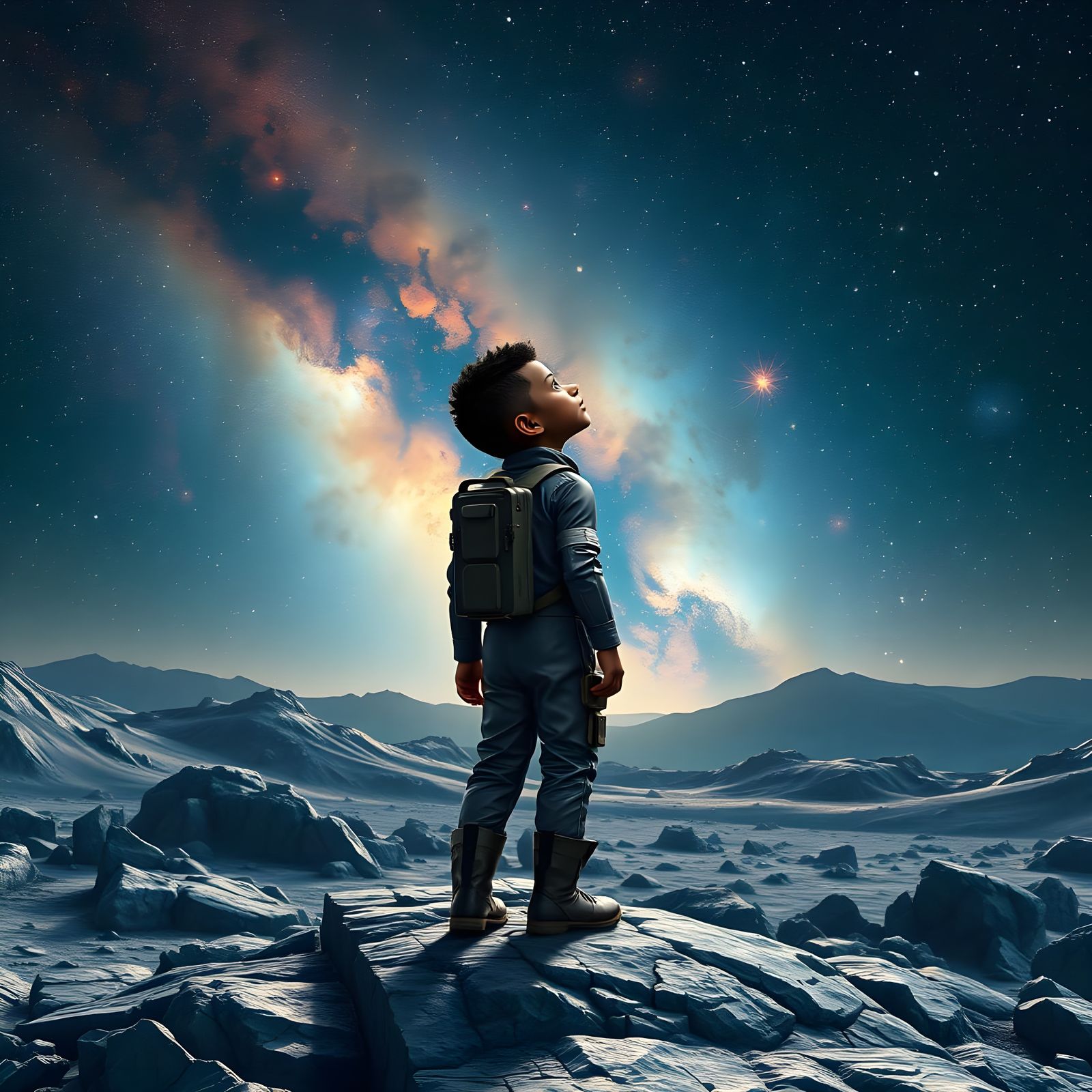 A Young Astronaut Stands on a Shimmering Silver Moon