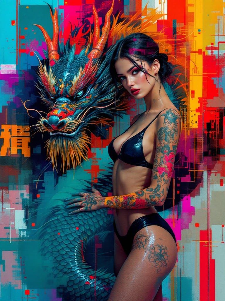 Futuristic Warrior Goddess Meets Cyber Renaissance Dragon