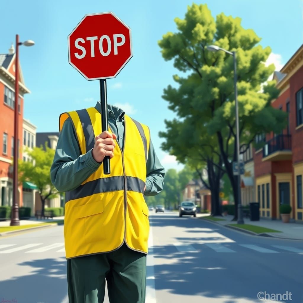 Crossing Guard in Sunny Street Scene
