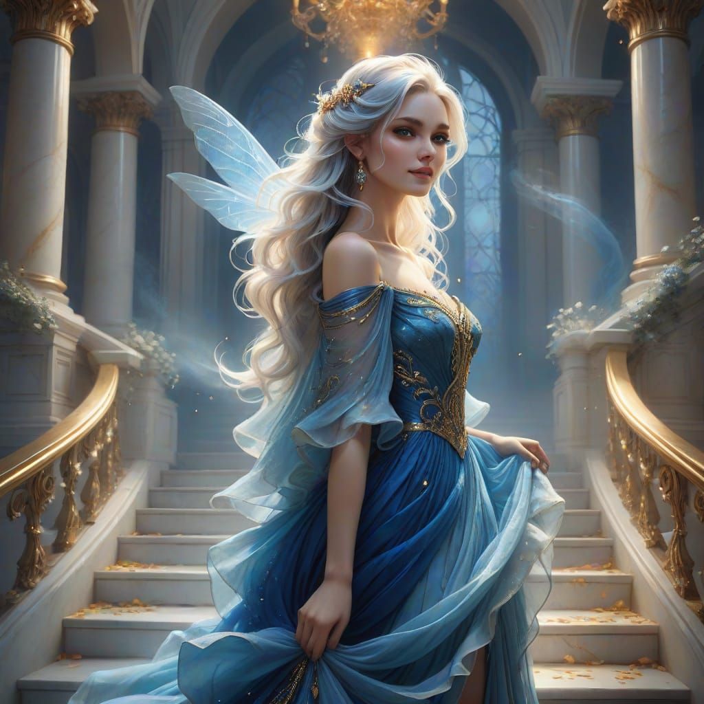 Fairy Descends Grand Marble Staircase in Elegant Blue Gown