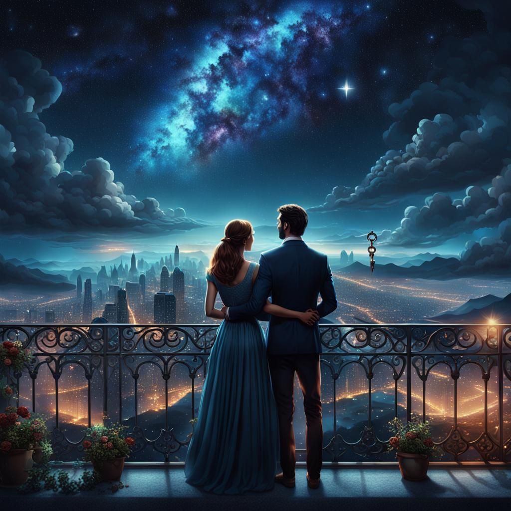 a man and woman on a balcony overlooking a majestic city view whose night sky is full of stars and the Milky Way : the w...