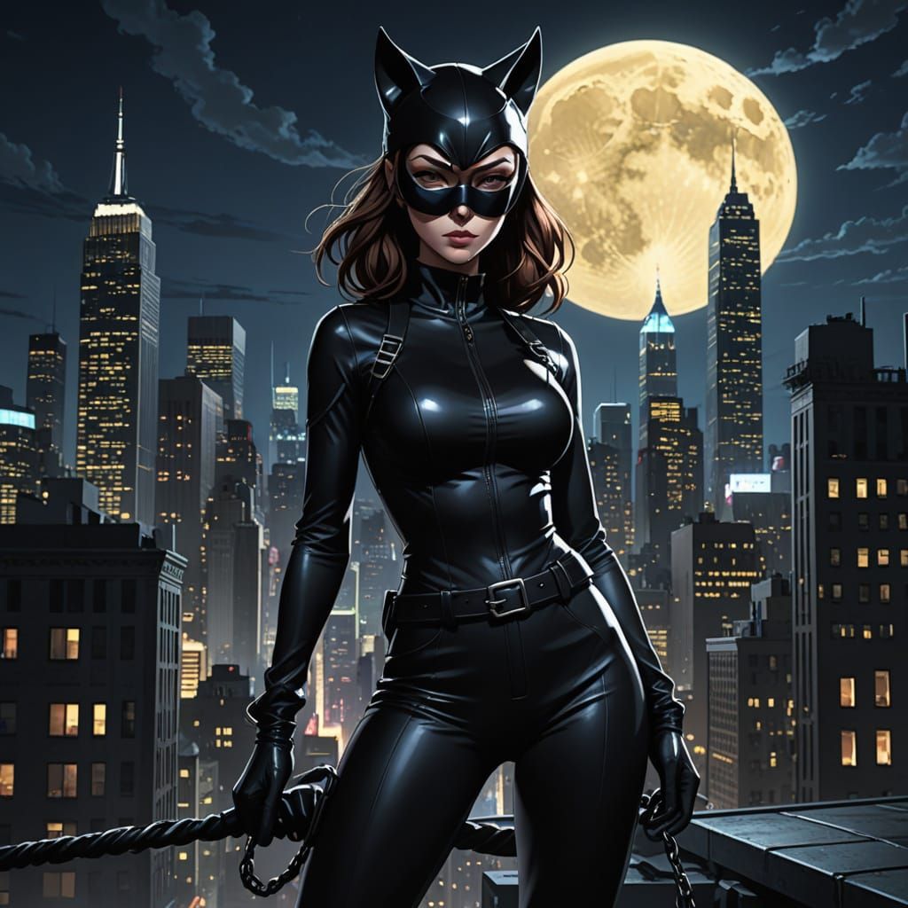 Catwoman in Noir Anime Style on New York Rooftop