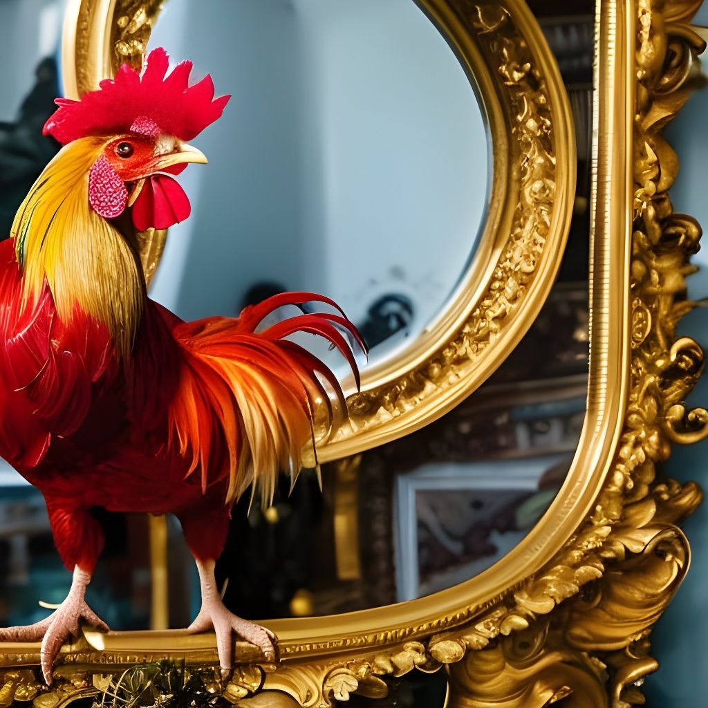 Fancy Rooster Admires Reflection in Rococo Mirror