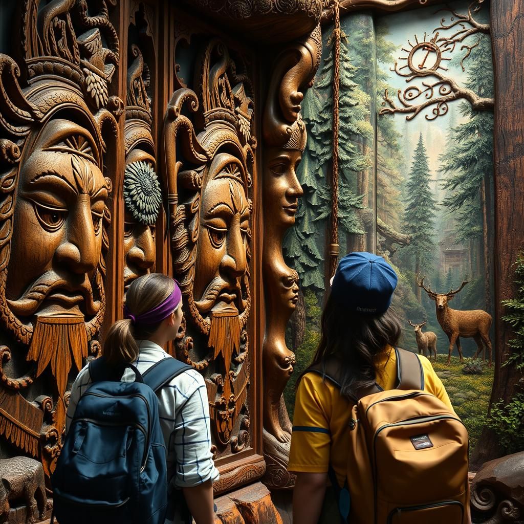 Hikers Admiring Intricate Wood Carvings