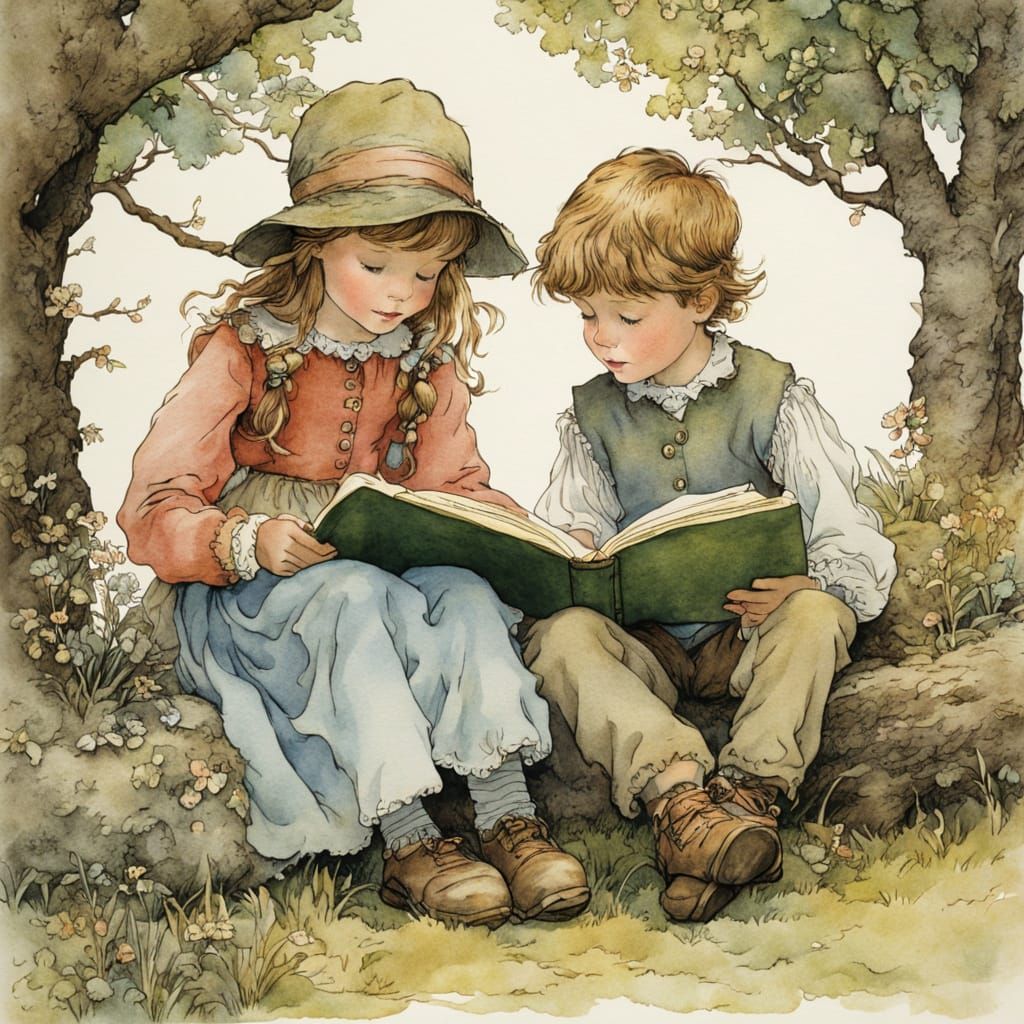 Children's Book Illustration of Girl and Boy Reading