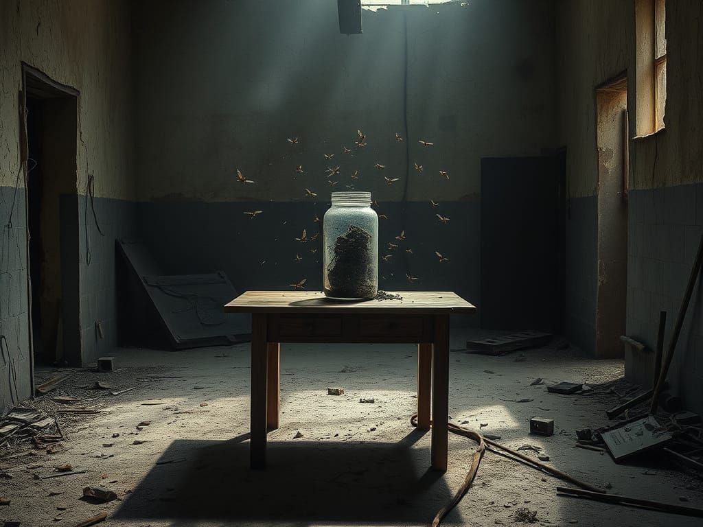 Abandoned Ruin Haunted by Flickering Insects in Post-Apocaly...