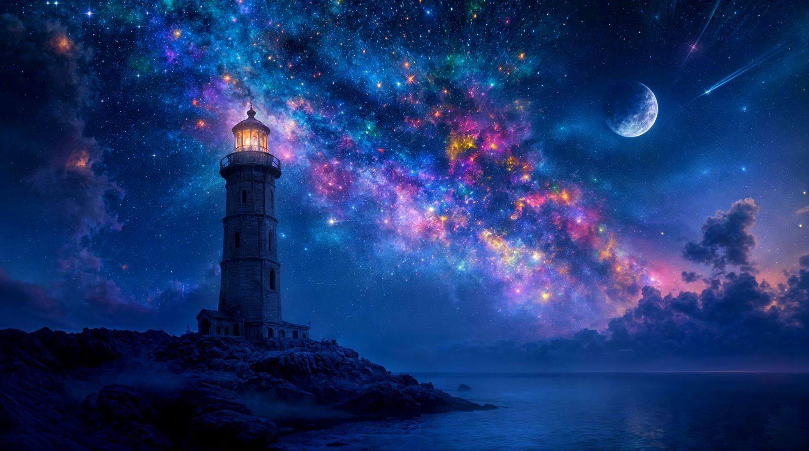 Lighthouse Under a Glittering Night Sky