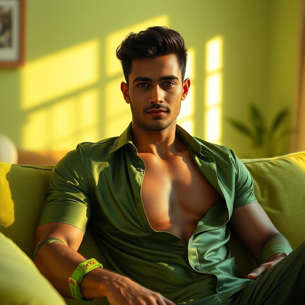 Attractive Indian Man in Green Silk Shirt
