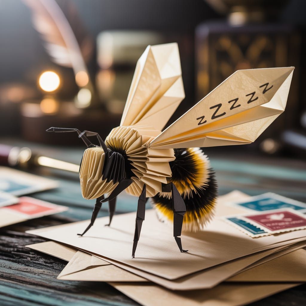 Delicate Origami Bumblebee on Weathered Wood