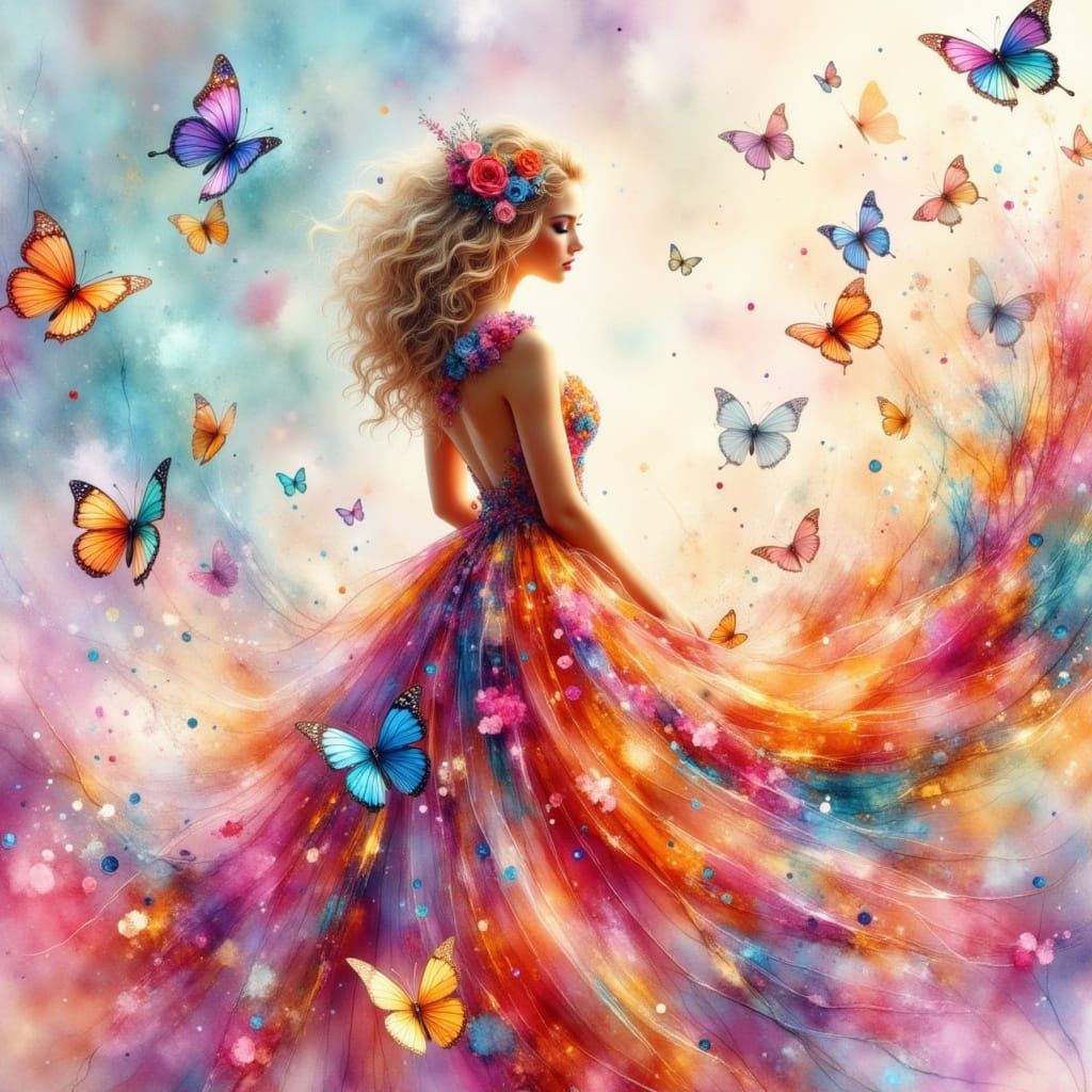 Woman in Flower Dress with Butterflies, Neon Grunge Style